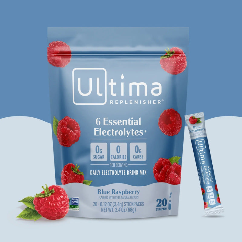Sobres de electrolitos en polvo sin azúcar Ultima Replenisher sabor Blue Raspberry. 20 porciones.