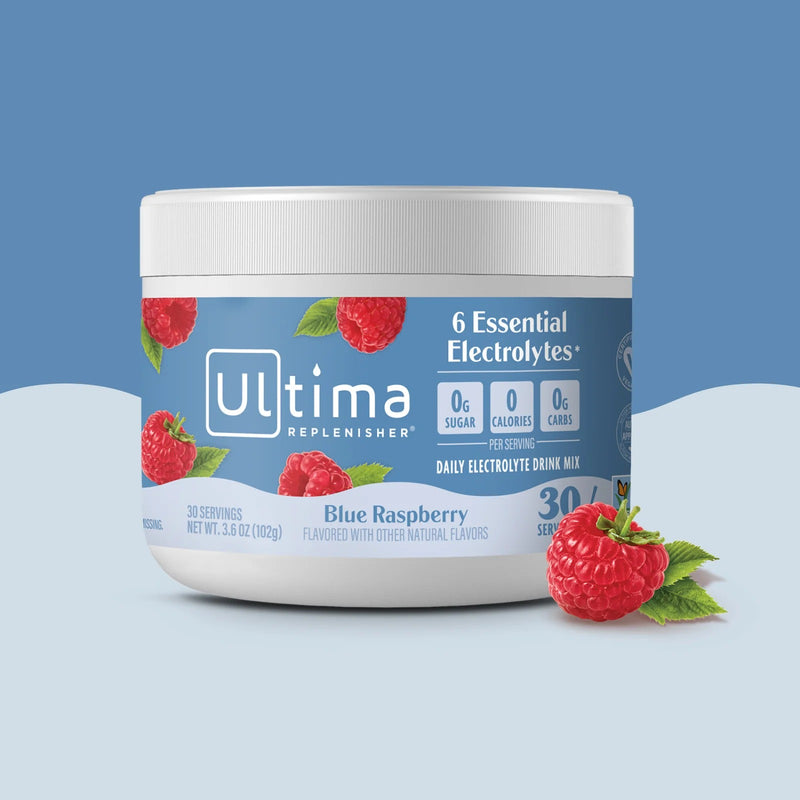 Bote de electrolitos en polvo sin azúcar Ultima Replenisher sabor Blue Raspberry. 30 porciones.