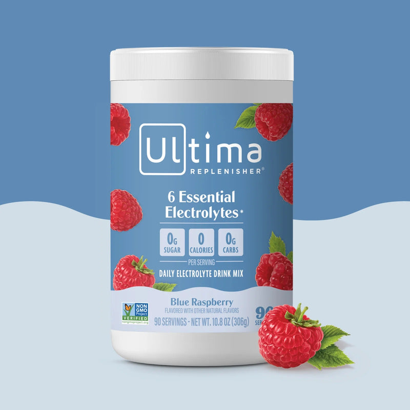 Bote de electrolitos en polvo sin azúcar Ultima Replenisher sabor Blue Raspberry. 90 porciones.