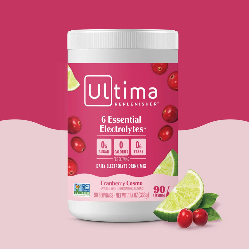 Bote de electrolitos en polvo sin azúcar Ultima Replenisher sabor Cranberry Cosmo. 90 porciones.