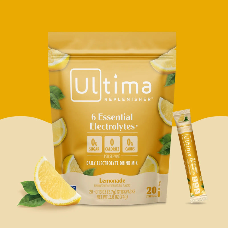 Sobres de electrolitos en polvo sin azúcar Ultima Replenisher sabor Lemonade. 20 porciones.