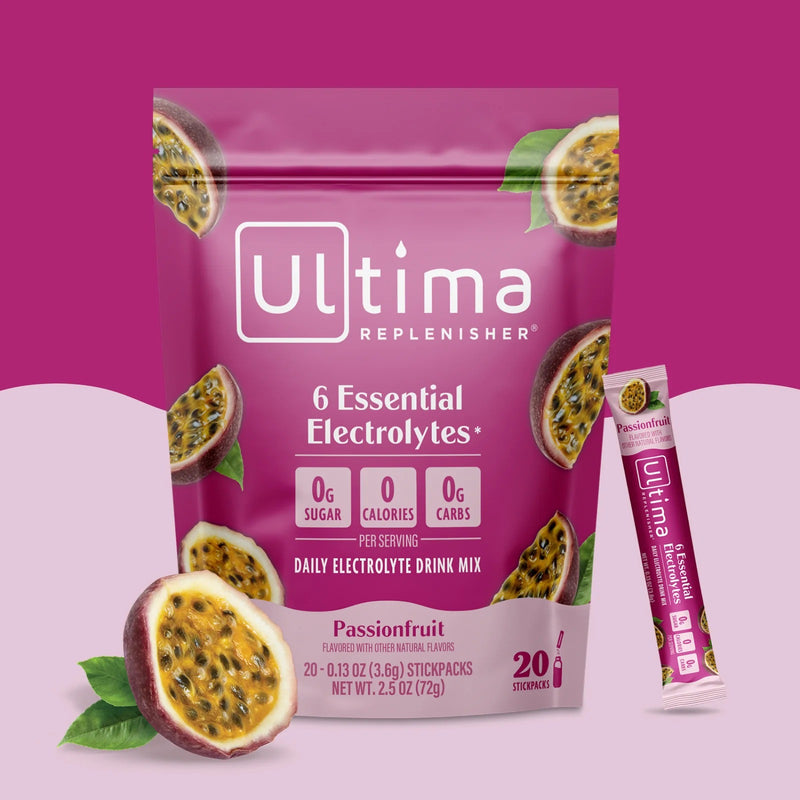 Sobres de electrolitos en polvo sin azúcar Ultima Replenisher sabor Passionfruit. 20 porciones.