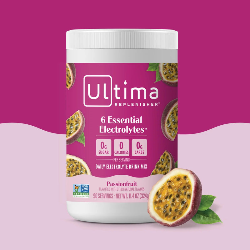 Bote de electrolitos en polvo sin azúcar Ultima Replenisher sabor Passionfruit. 90 porciones.