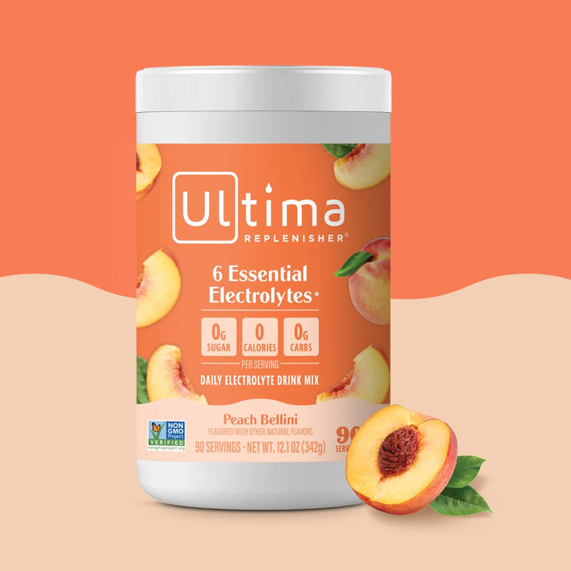 Bote de electrolitos en polvo sin azúcar Ultima Replenisher sabor Peach Bellini. 90 porciones.