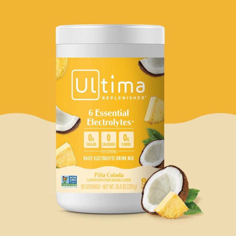 Bote de electrolitos en polvo sin azúcar Ultima Replenisher sabor Piña Colada. 90 porciones.