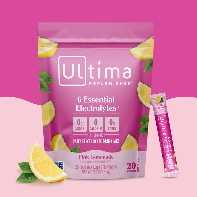 Sobres de electrolitos en polvo sin azúcar Ultima Replenisher sabor Pink Lemonade. 20 porciones.