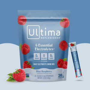 Sobres de electrolitos en polvo sin azúcar Ultima Replenisher sabor Blue Raspberry. 20 porciones.