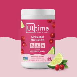 Bote de electrolitos en polvo sin azúcar Ultima Replenisher sabor Cranberry Cosmo. 90 porciones.
