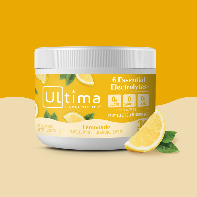 Bote de electrolitos en polvo sin azúcar Ultima Replenisher sabor Lemonade. 30 porciones.