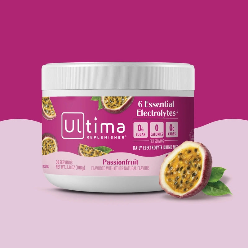 Bote de electrolitos en polvo sin azúcar Ultima Replenisher sabor Passionfruit. 30 porciones.