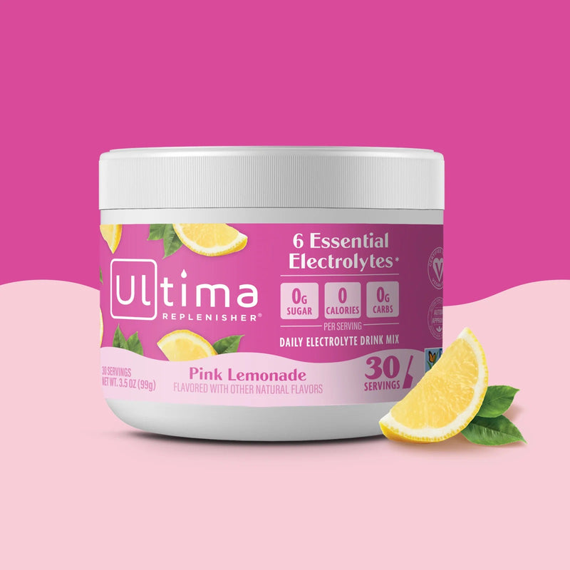 Bote de electrolitos en polvo sin azúcar Ultima Replenisher sabor Pink Lemonade. 30 porciones.