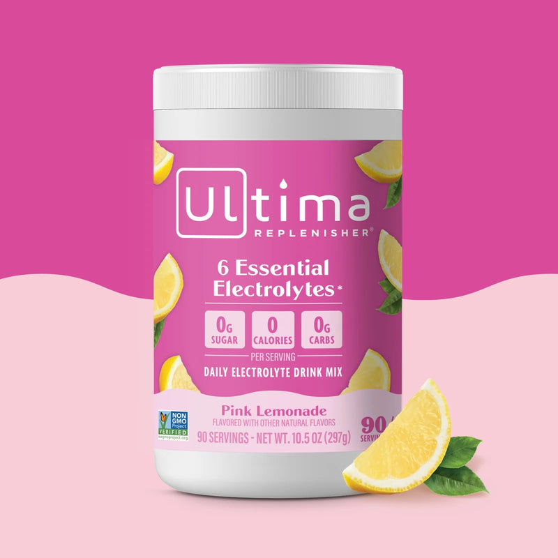 Bote de electrolitos en polvo sin azúcar Ultima Replenisher sabor Pink Lemonade. 90 porciones.